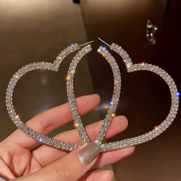 Huge Rhinestone Heart Silver Hoop Earrings CZ Crystal Pave Hoops New - Picture 9 of 14